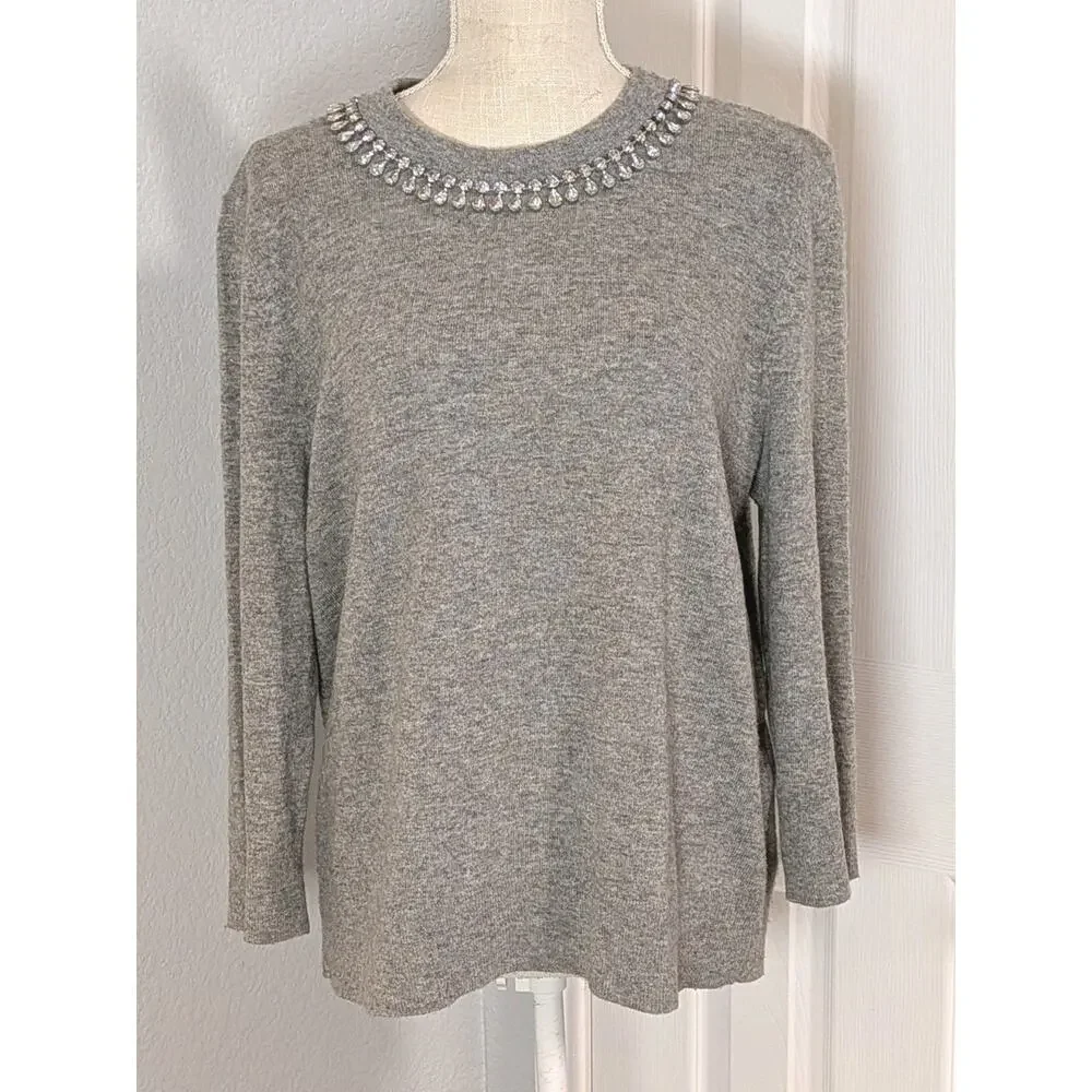 Kate Spade Wool Cashmere Gray Embellished Collar Sweater Keyhole Bow Back Sz XL
